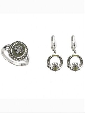 Solvar Connemara Marble/ Silver shamrock ring & claddagh earrings with marcasite